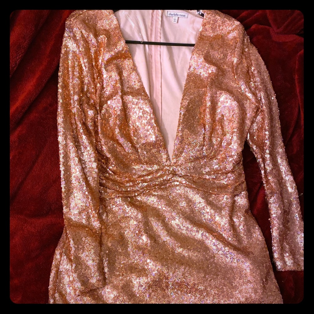 A rose gold sequin dress